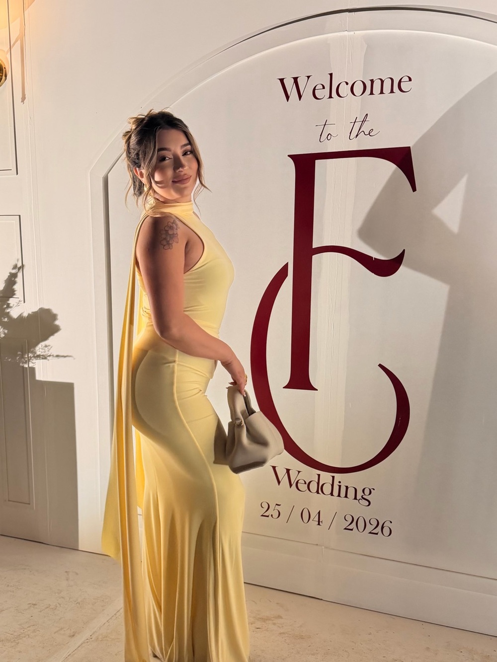 Yellow Maxi High-Neck Evening Dress with Cape Detail